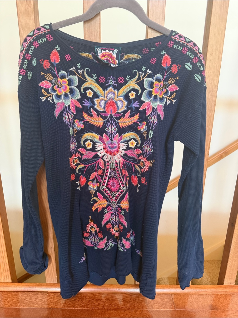 Johnny Was Navy Long-Sleeve Top with Multicolor Floral Embroidery